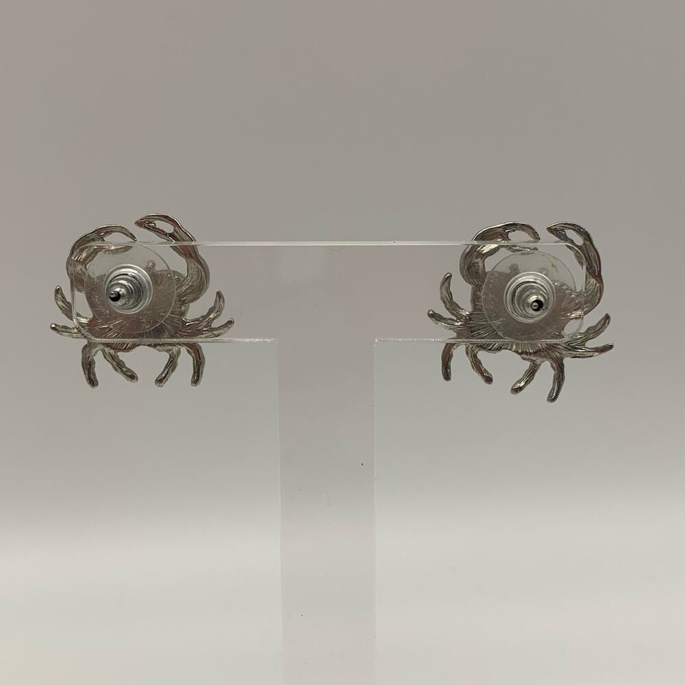 Silver Tone Crab Pierced Earrings with Rhinestones - Picture 4 of 8